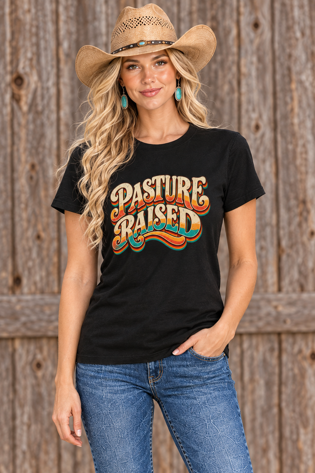 Blonde cowgirl wearing the black Pasture Raised tee against a rustic barn background