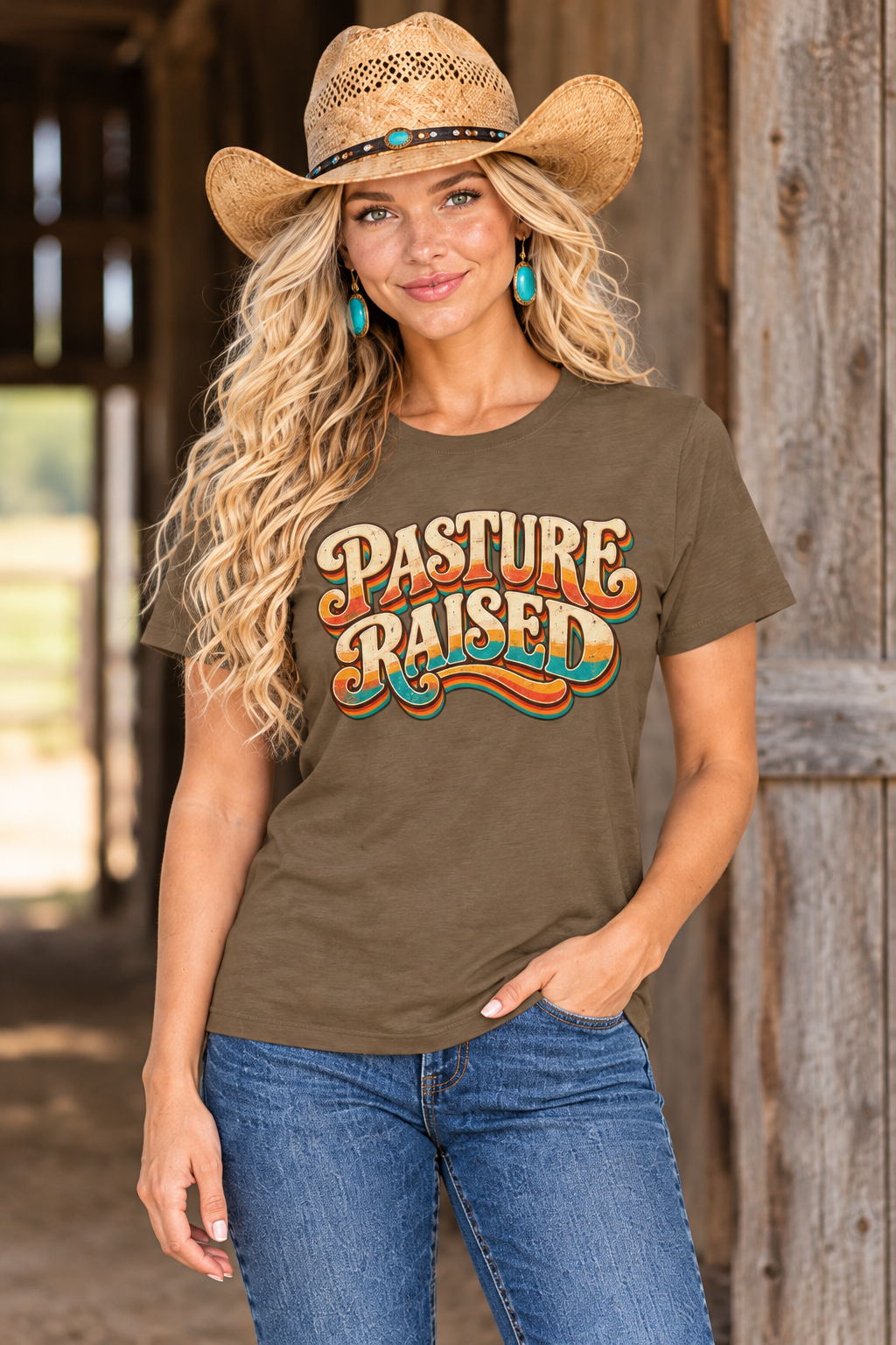 Blonde cowgirl wearing the brown Pasture Raised tee against a rustic barn background