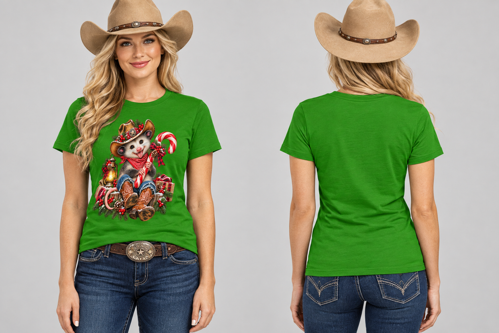 Blonde cowgirl wearing the green Pete the Possum tee, front and back studio mockup