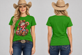 Blonde cowgirl wearing the green Pete the Possum tee, front and back studio mockup