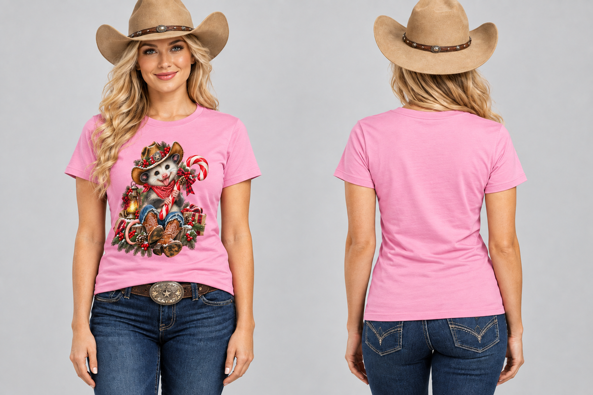 Blonde cowgirl wearing the pink Pete the Possum tee, front and back