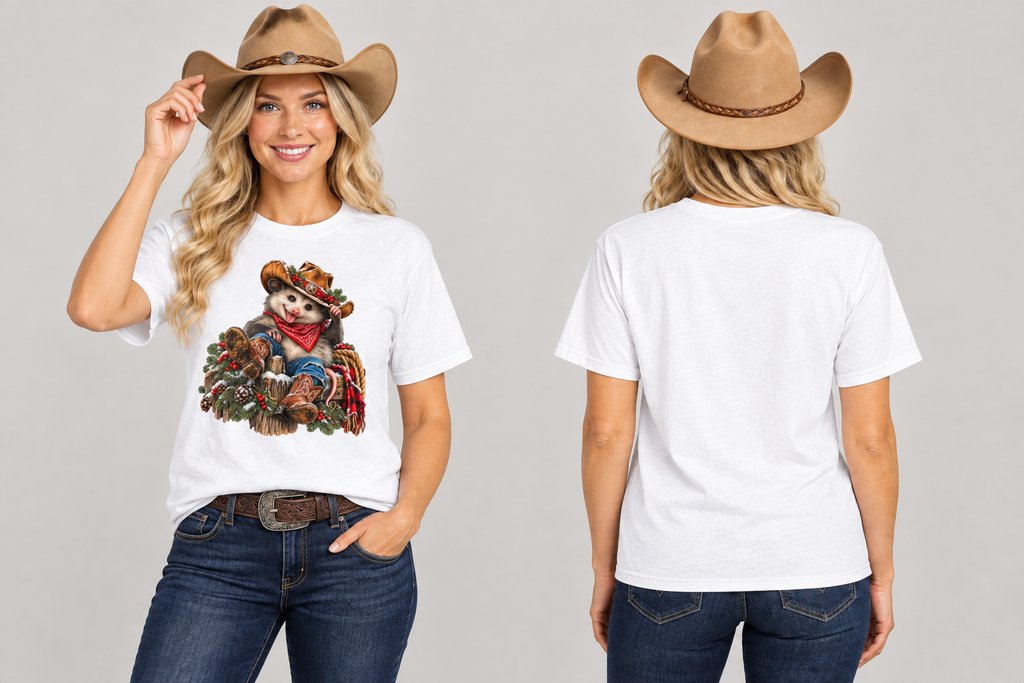 Blonde cowgirl wearing the white Pete tee, front and back studio mockup