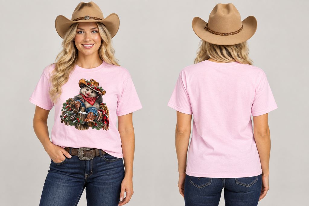 Blonde western cowgirl wearing the light pink Pete tee, front and back studio mockup
