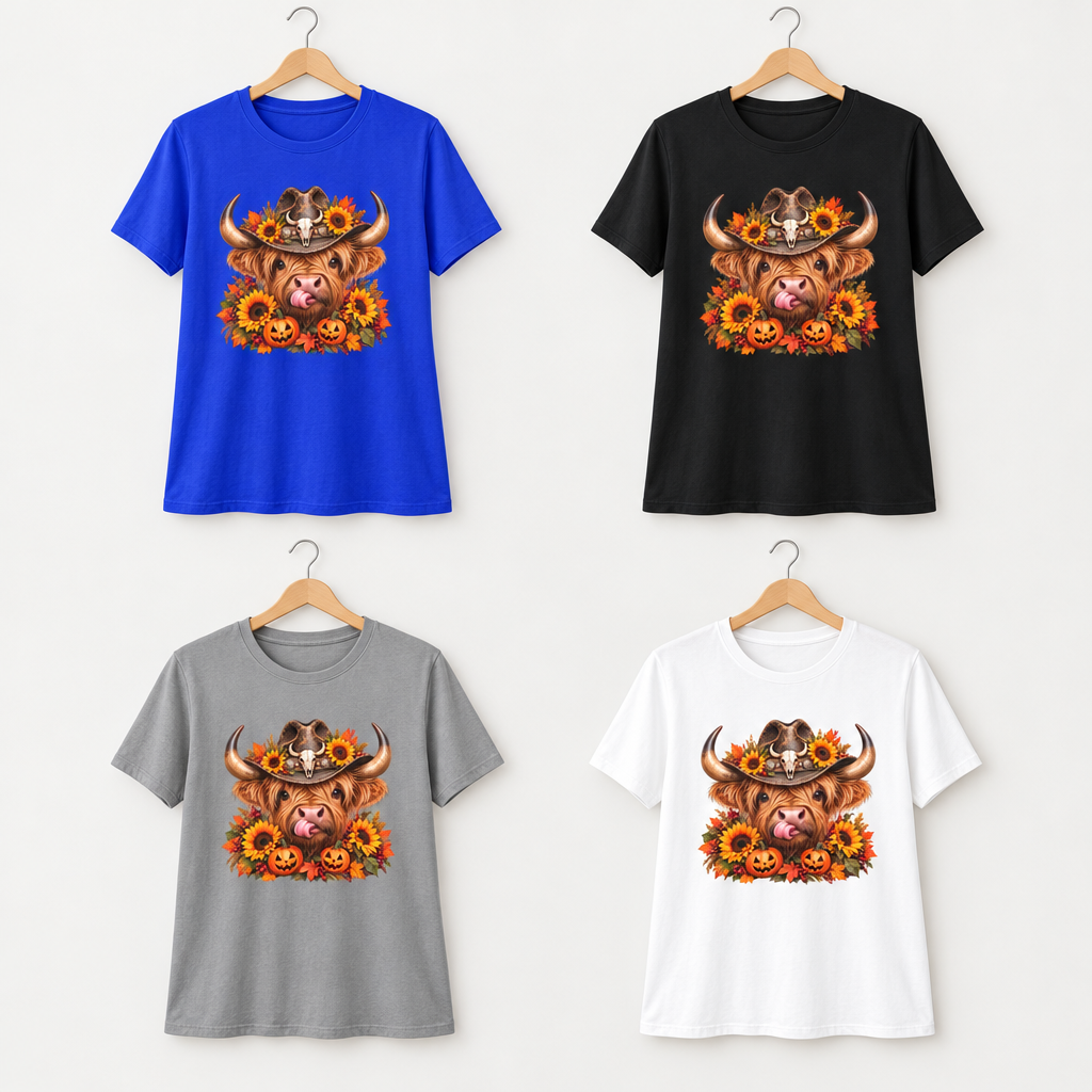 Blue, black, grey and white Highland Cow Halloween tees hanging loose on wooden hangers