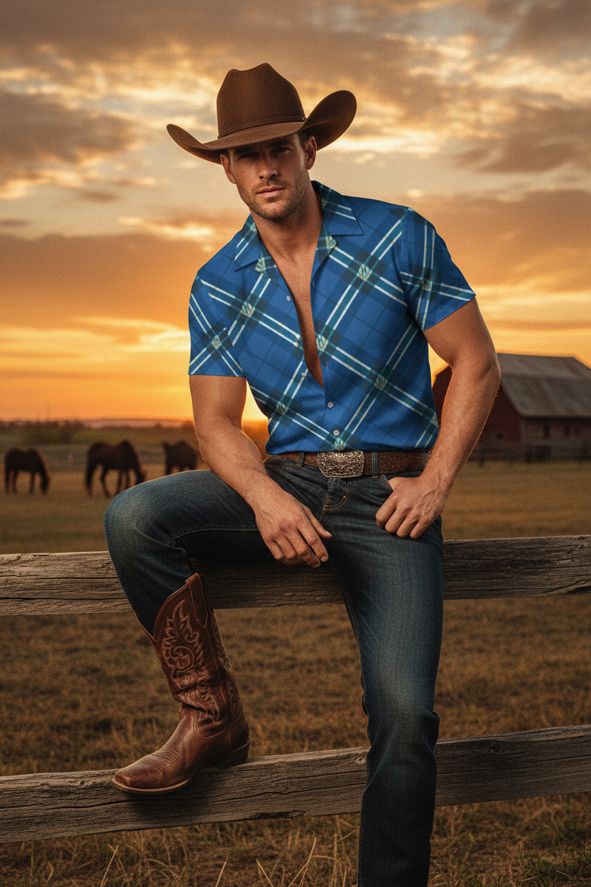 Blue Plaid Cowboy Fence Sit