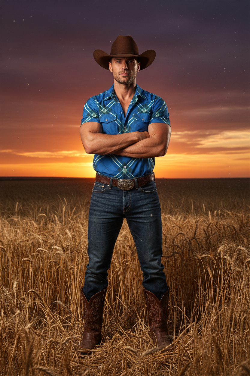 Blue Plaid Cowboy Golden Field