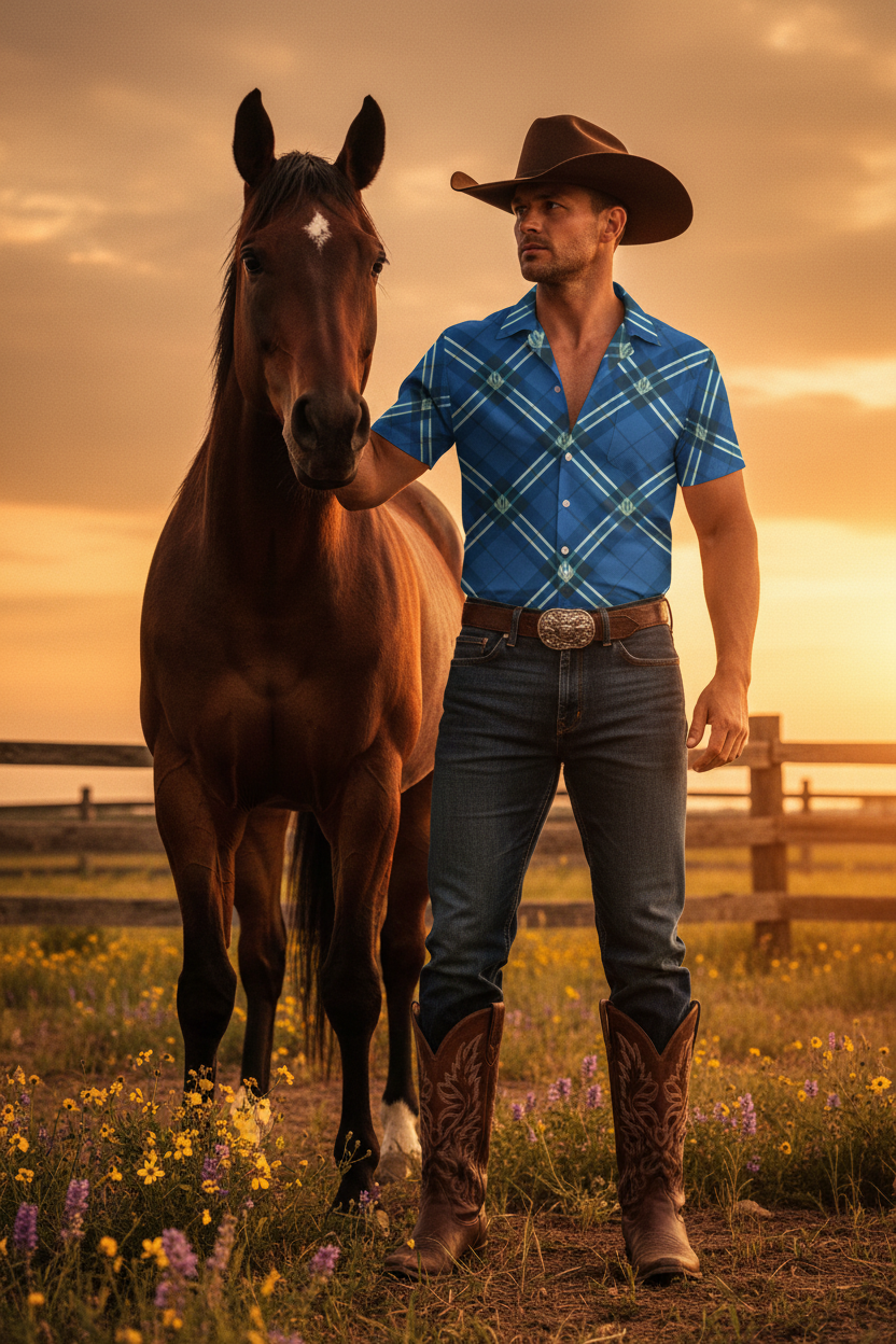 Blue Plaid Cowboy With Horse