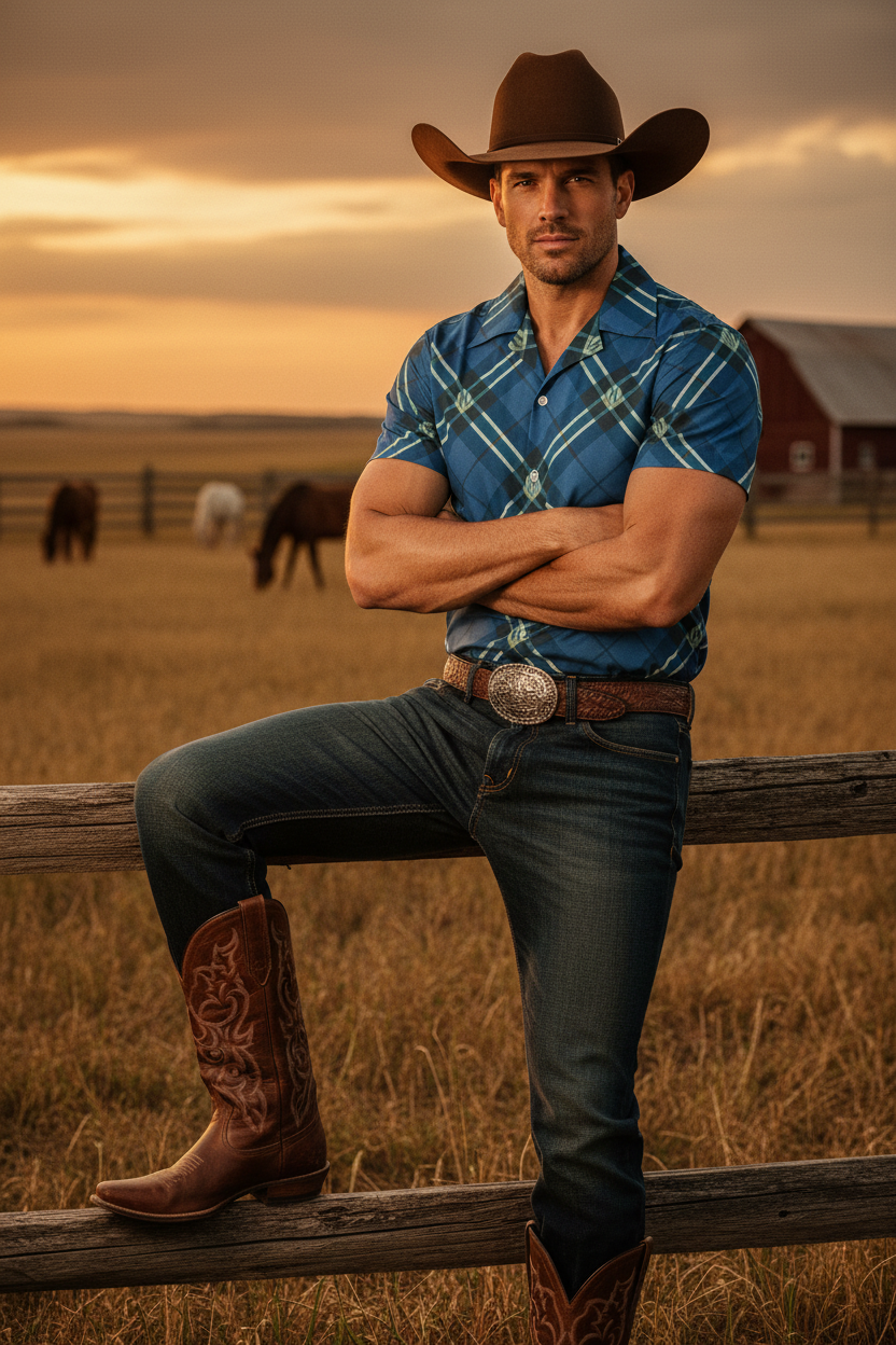 Blue Plaid Shirt Rugged Cowboy Hat