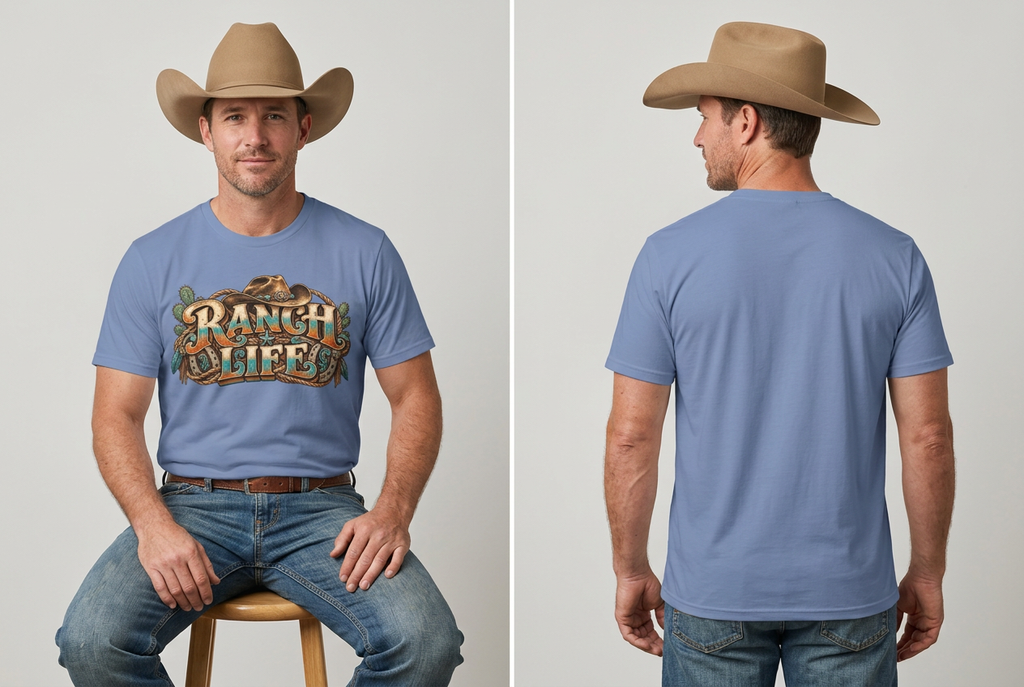 Blue Ranch Life tee front and back with different cowboy studio poses