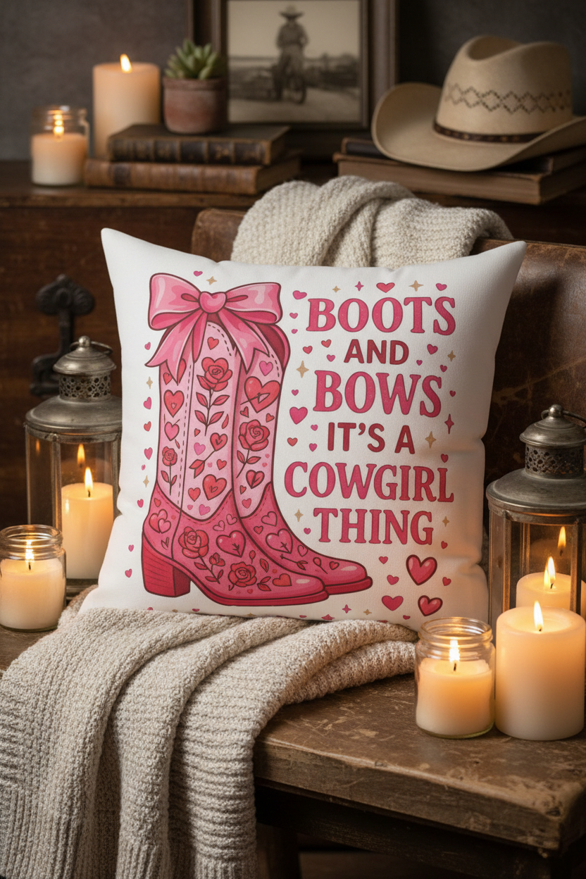 Boots and Bows Cowgirl Pillow - Close-up with Candles