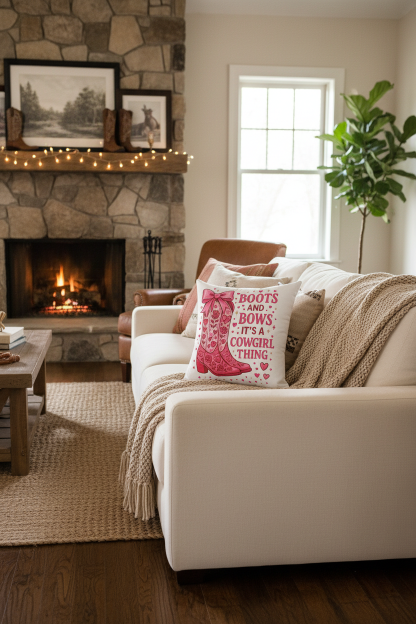 Boots and Bows Cowgirl Pillow - Couch Display