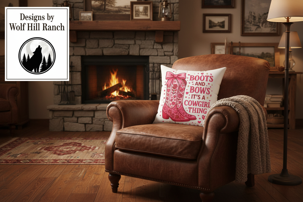 Boots and Bows Cowgirl Pillow - Wolf Hill Ranch Banner with Moon Logo