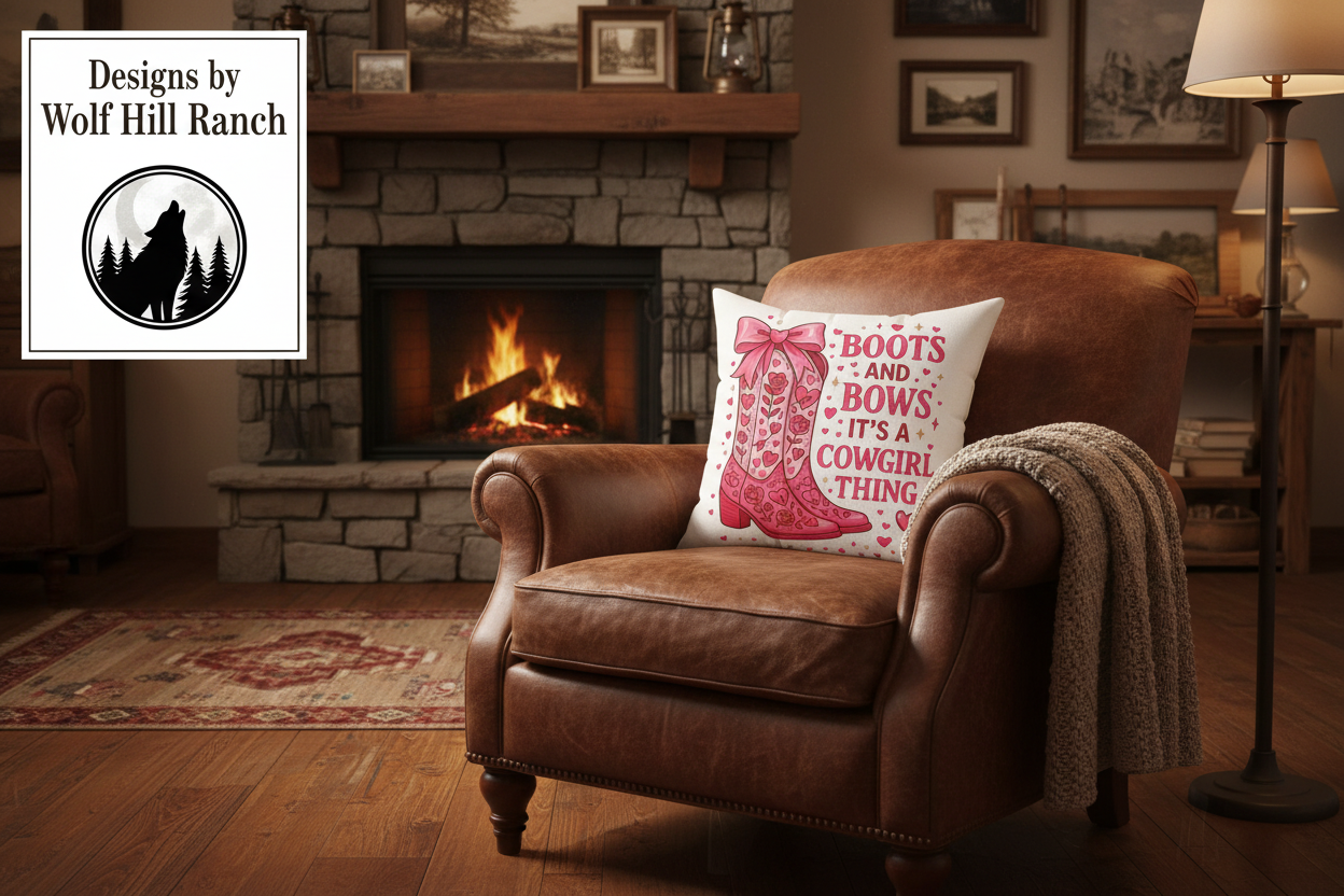 Boots and Bows Cowgirl Pillow - Wolf Hill Ranch Banner with Moon Logo
