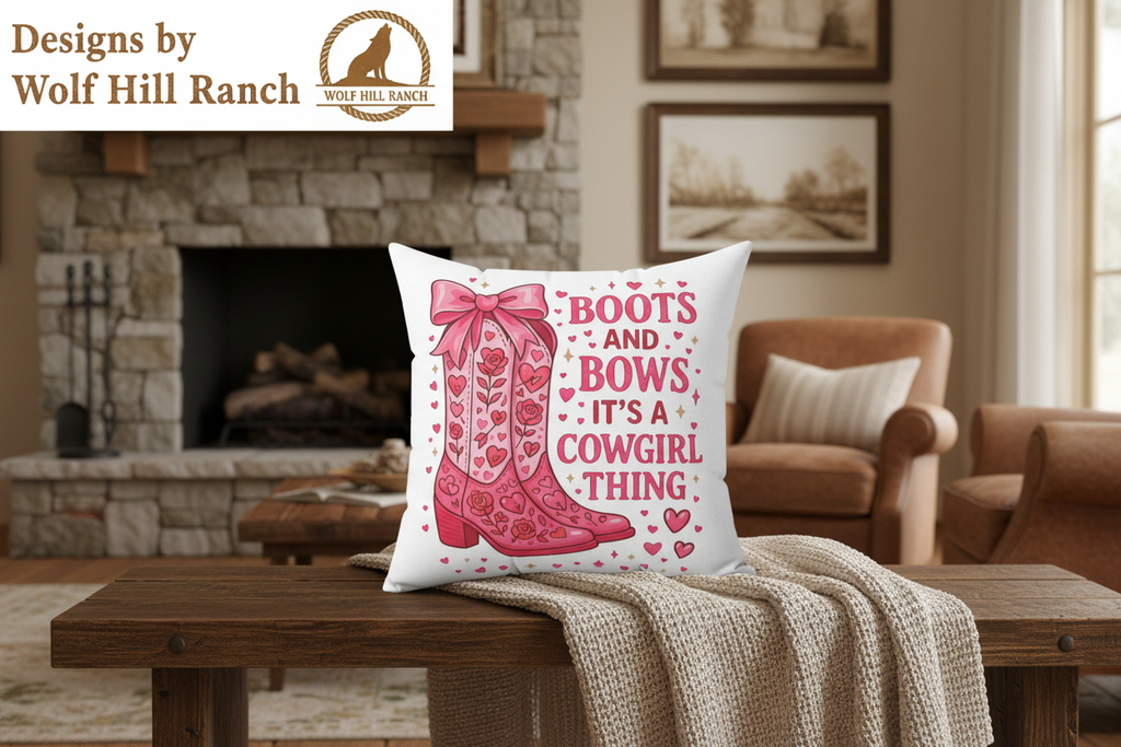 Boots and Bows Cowgirl Pillow - Wolf Hill Ranch Banner