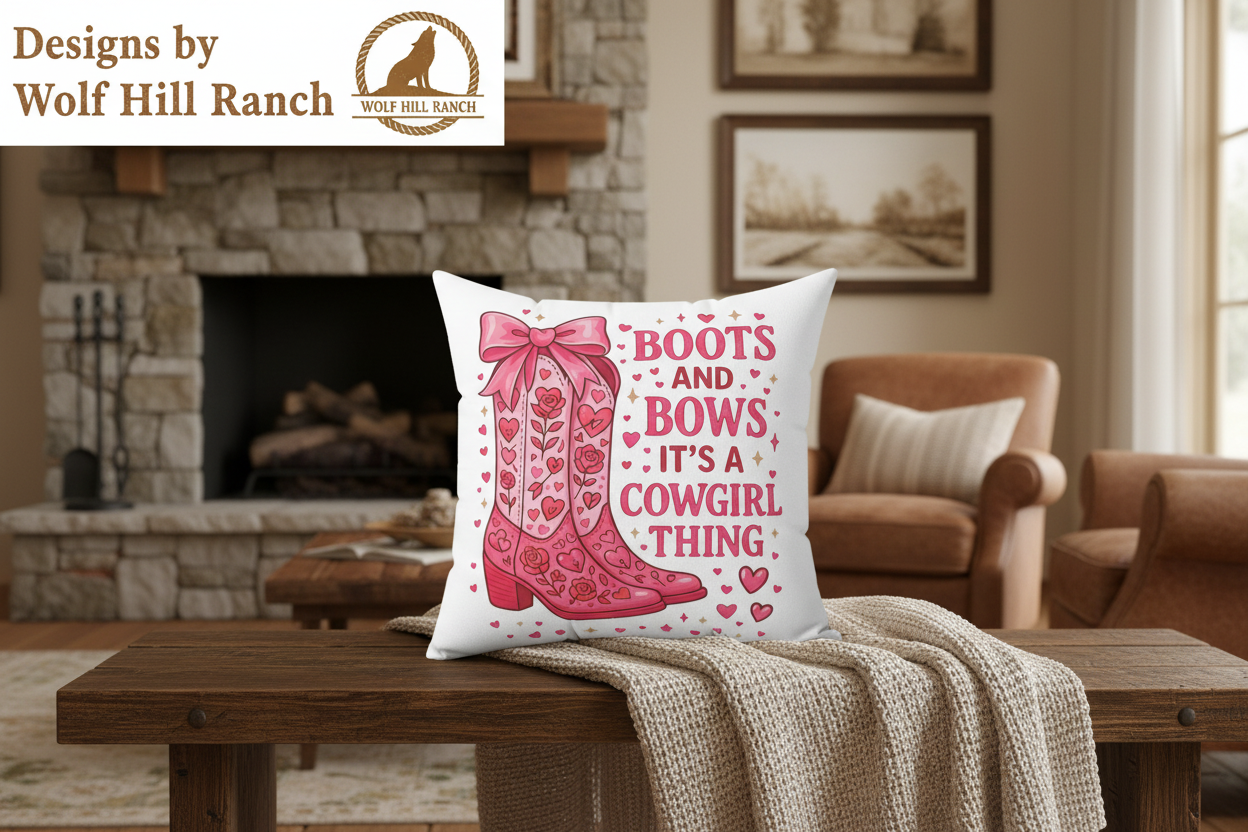 Boots and Bows Cowgirl Pillow - Wolf Hill Ranch Banner