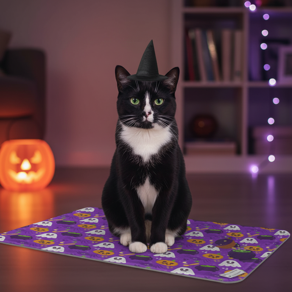 Boots Sitting Up on Ghost & Pumpkin Halloween Mat