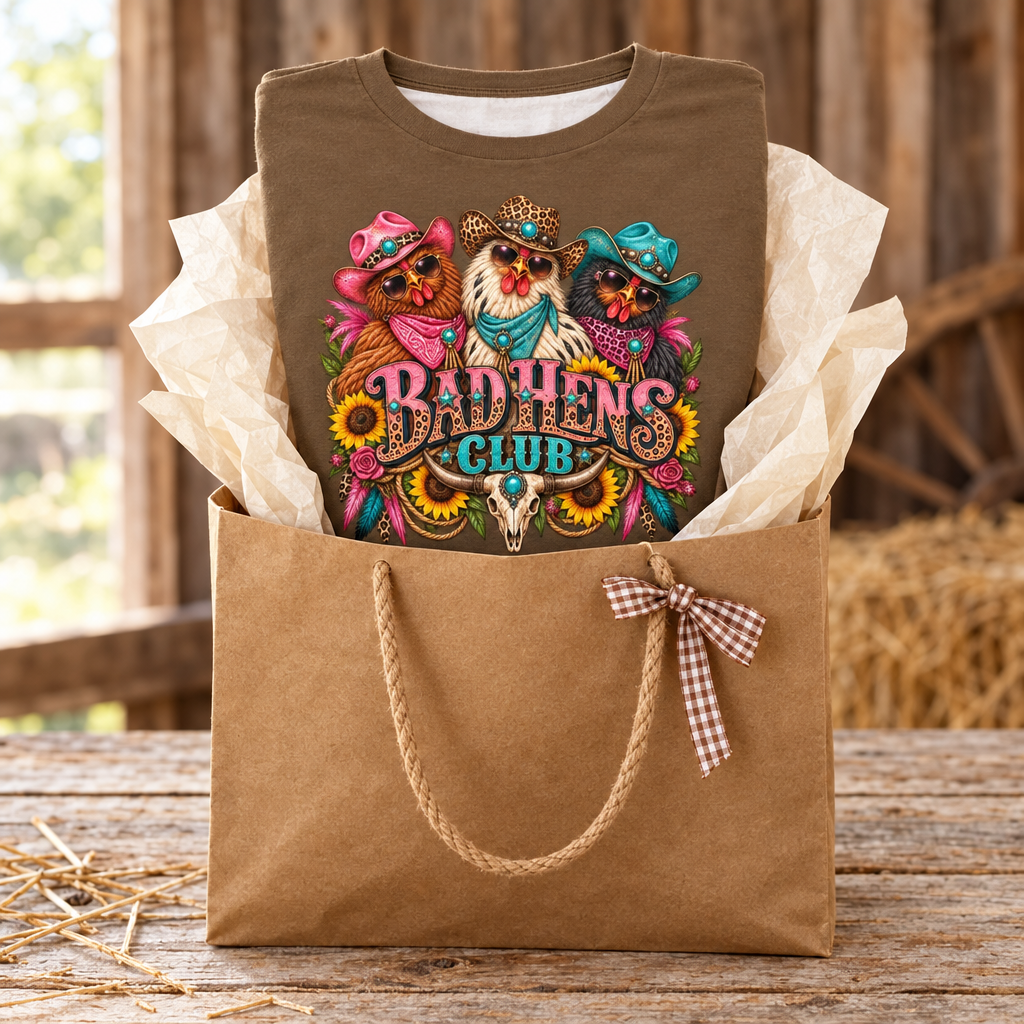 Brown Bad Hens Club tee styled in a western farm gift bag