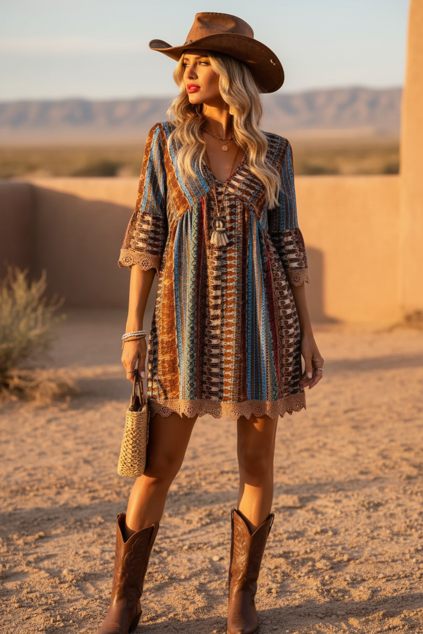 Brown Desert Boho Dress Cowgirl Mockup