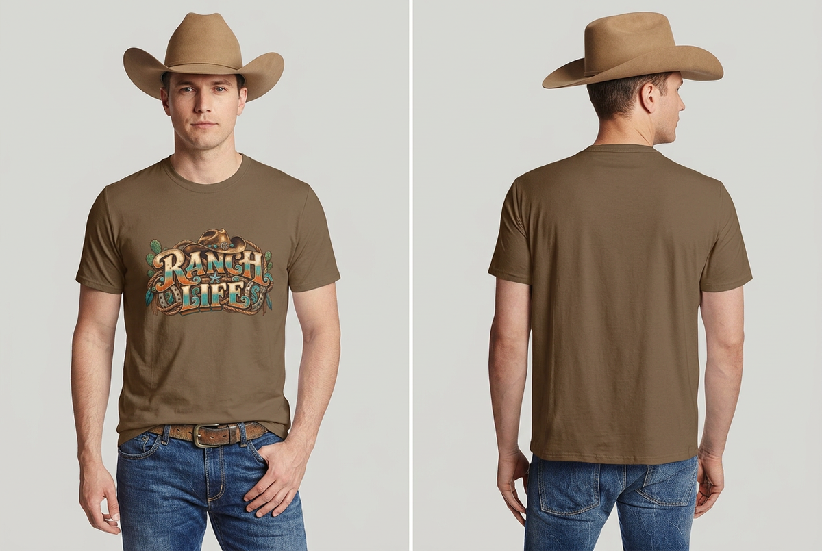 Brown Ranch Life tee front and back on a cowboy in a clean studio