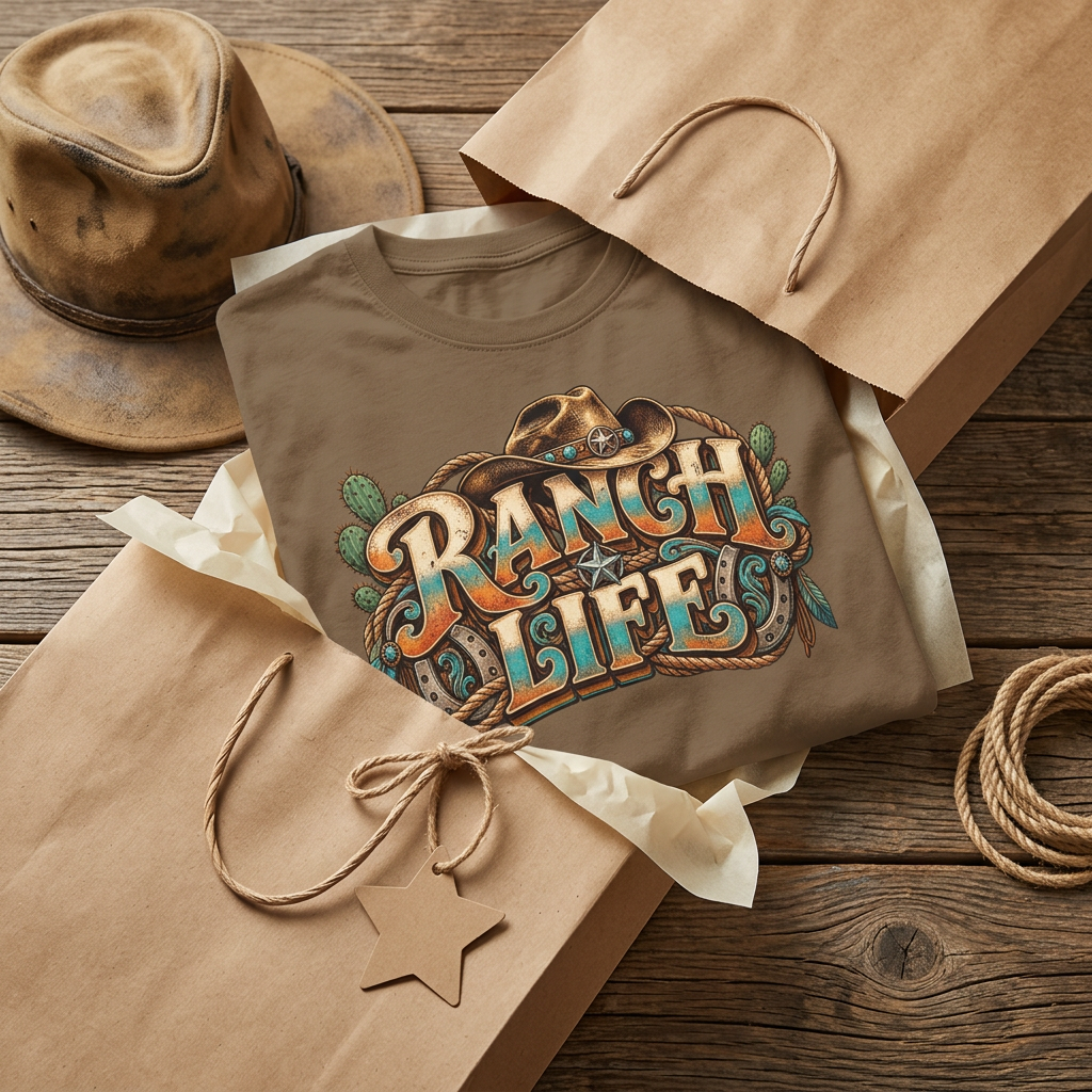 Brown Ranch Life tee styled in a vintage western gift bag