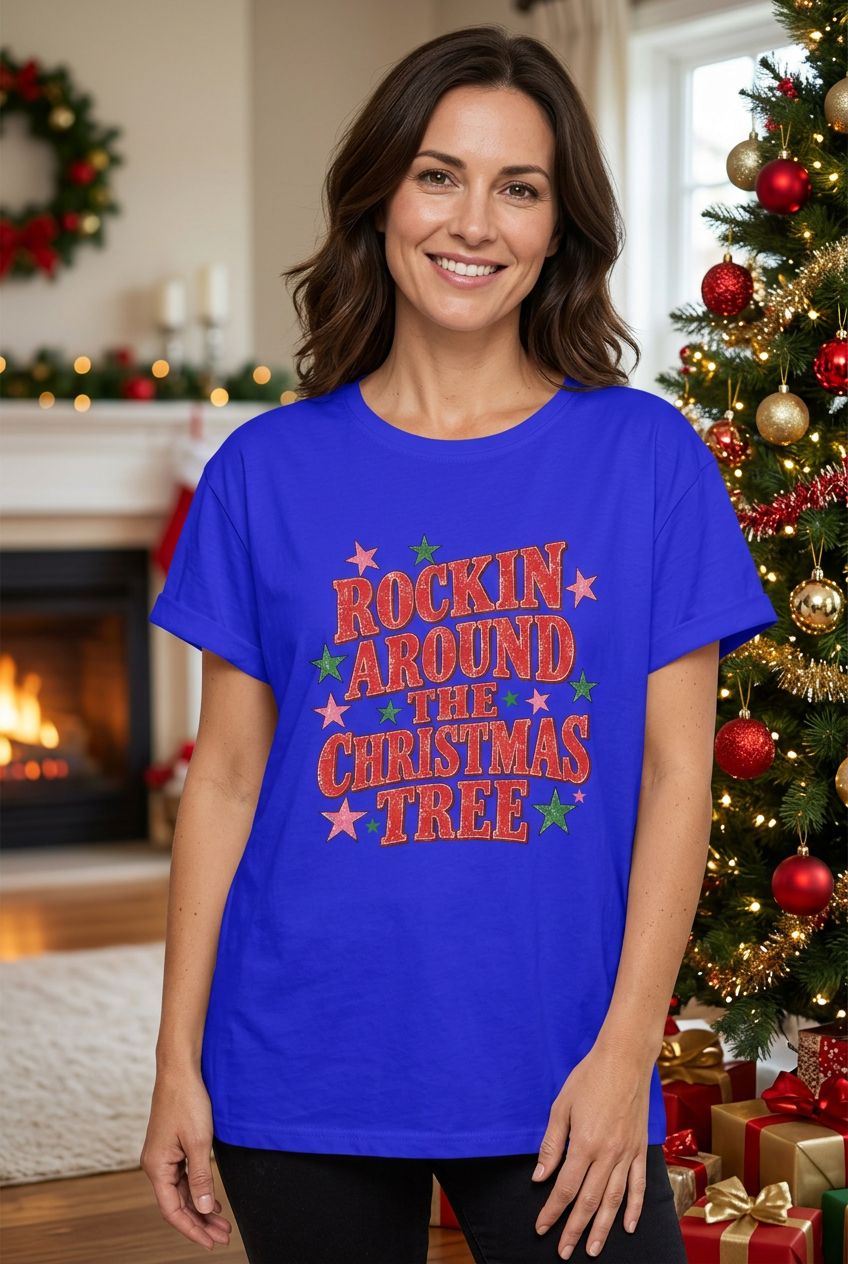 Brunette model wearing the blue Christmas tee in a realistic holiday close-up