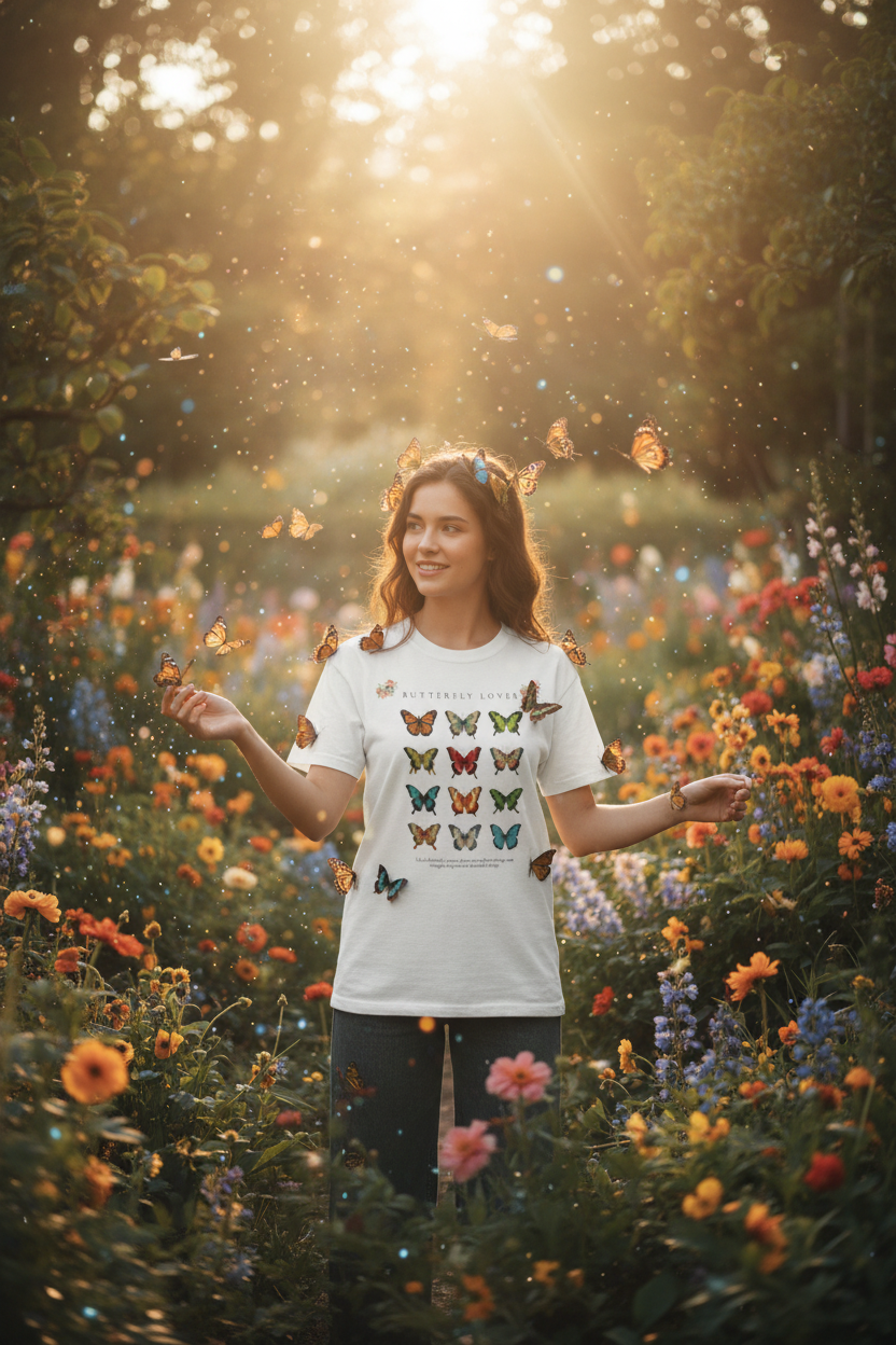 Butterfly Lover Tee mockup with magical effects