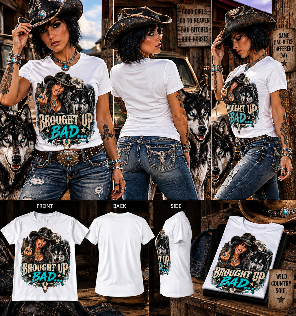 Brought Up Bad Unisex T-Shirt – Rebel Cowgirl & Wolf Western Graphic Tee