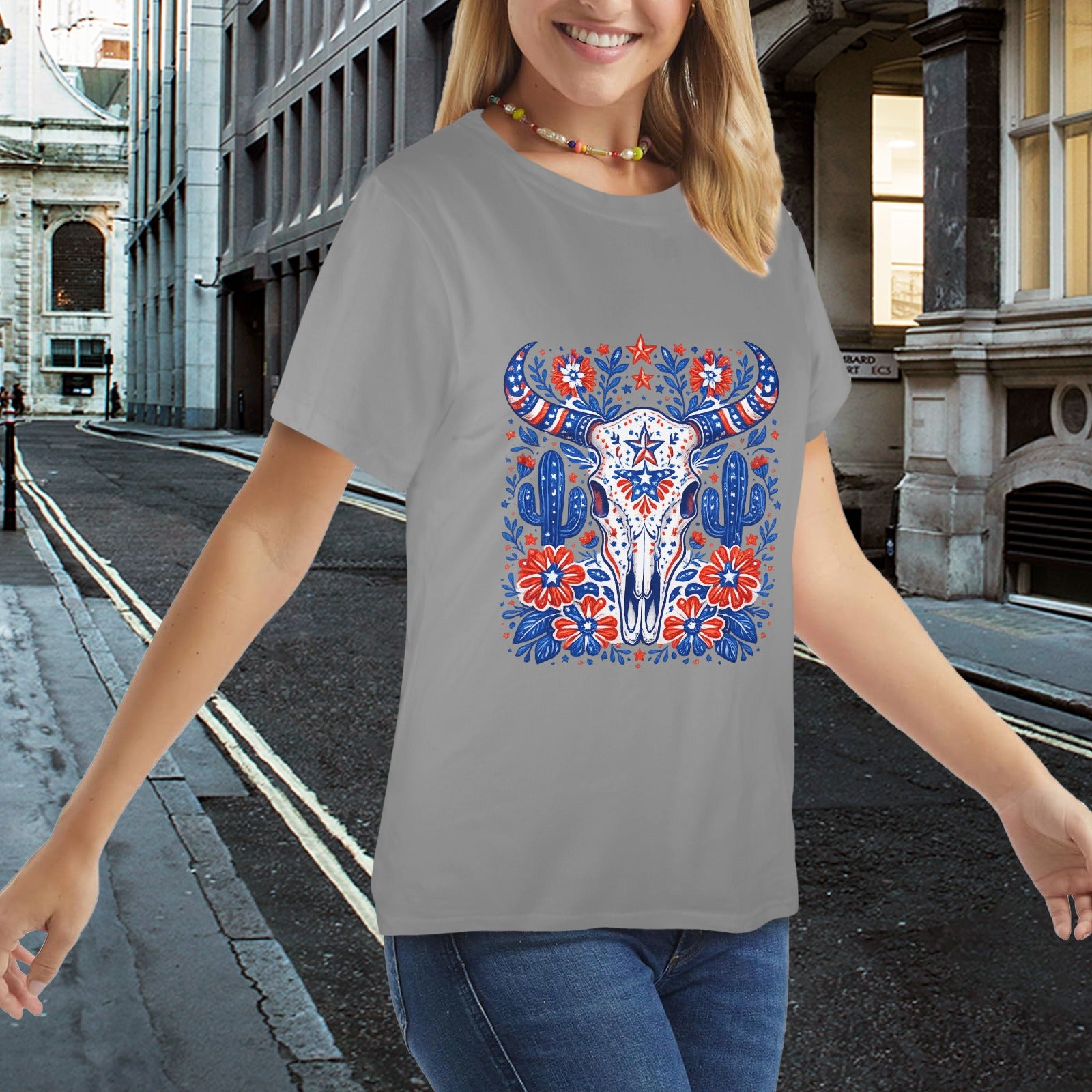 Patriotic Bull Skull T-Shirt — Western Folk Art Floral Longhorn Tee