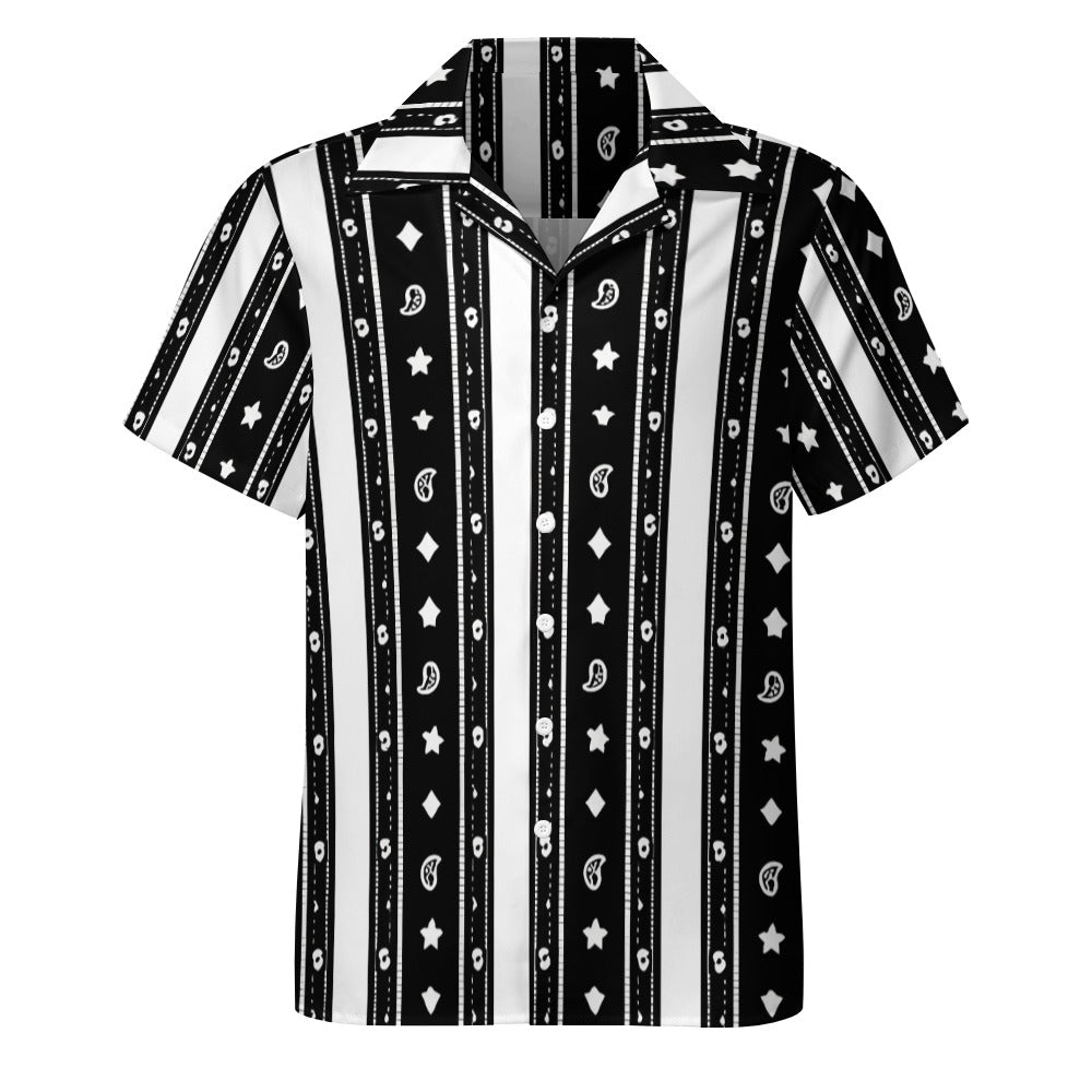 The Maverick Collection  Men's Black & White Paisley Stripe Cuban Collar Shirt