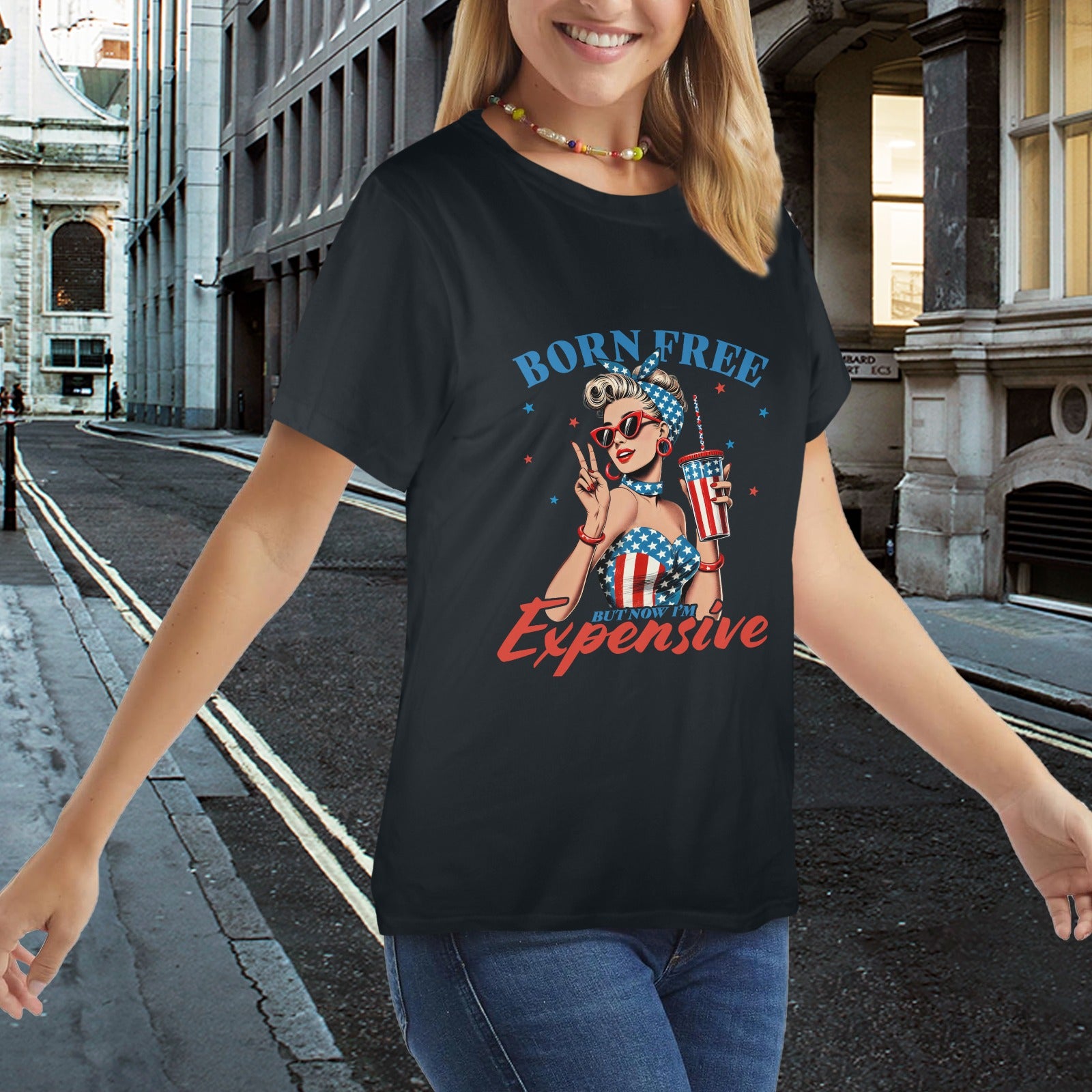 Born Free But Now I'm Expensive  Patriotic Pin-Up Graphic T-Shirt ladies