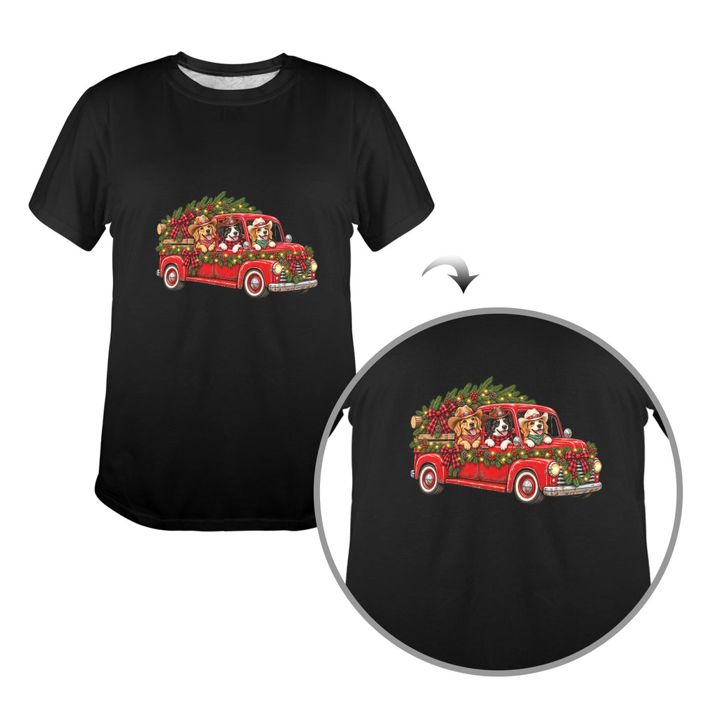 Christmas Pups on the Ranch Ladies Tee – Vintage Red Truck Western Holiday Dog Lovers