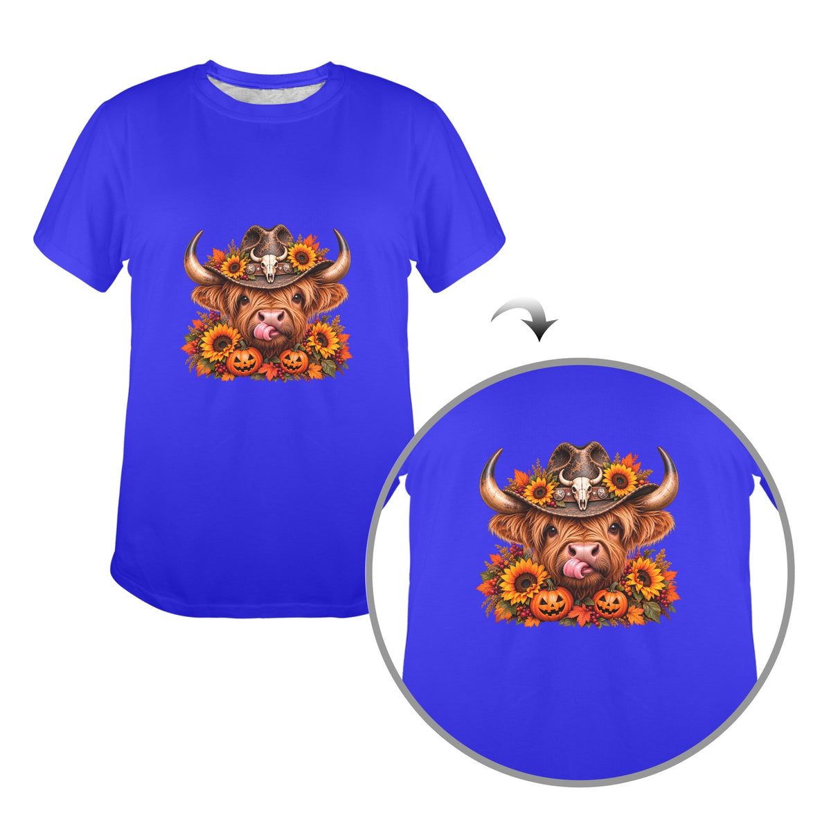 Highland Cow Halloween Women’s T-Shirt   Western Cowgirl Pumpkin