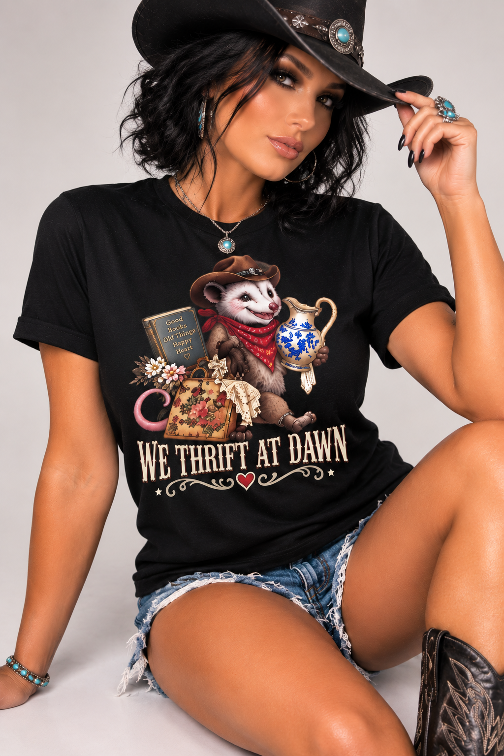 Pete’s Western Tee – We Thrift at Dawn | Funny Possum Shirt | Thrifting T-Shirt | Western Graphic Tee | Thrift Lover Gift