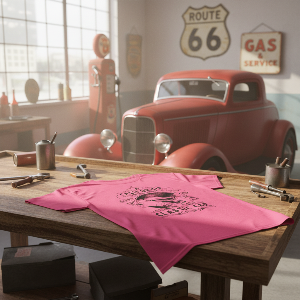 California car club t-shirt at gas station