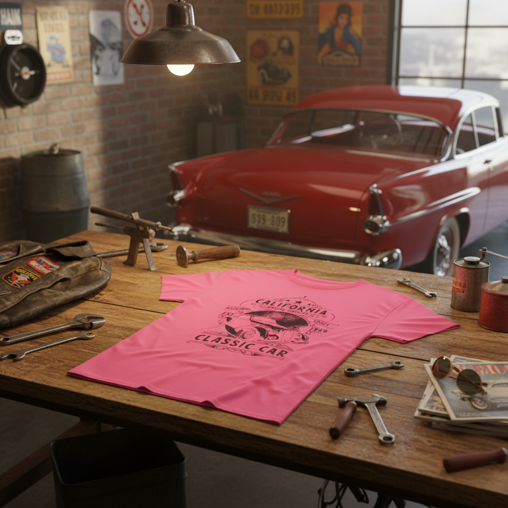 California car club t-shirt in vintage garage