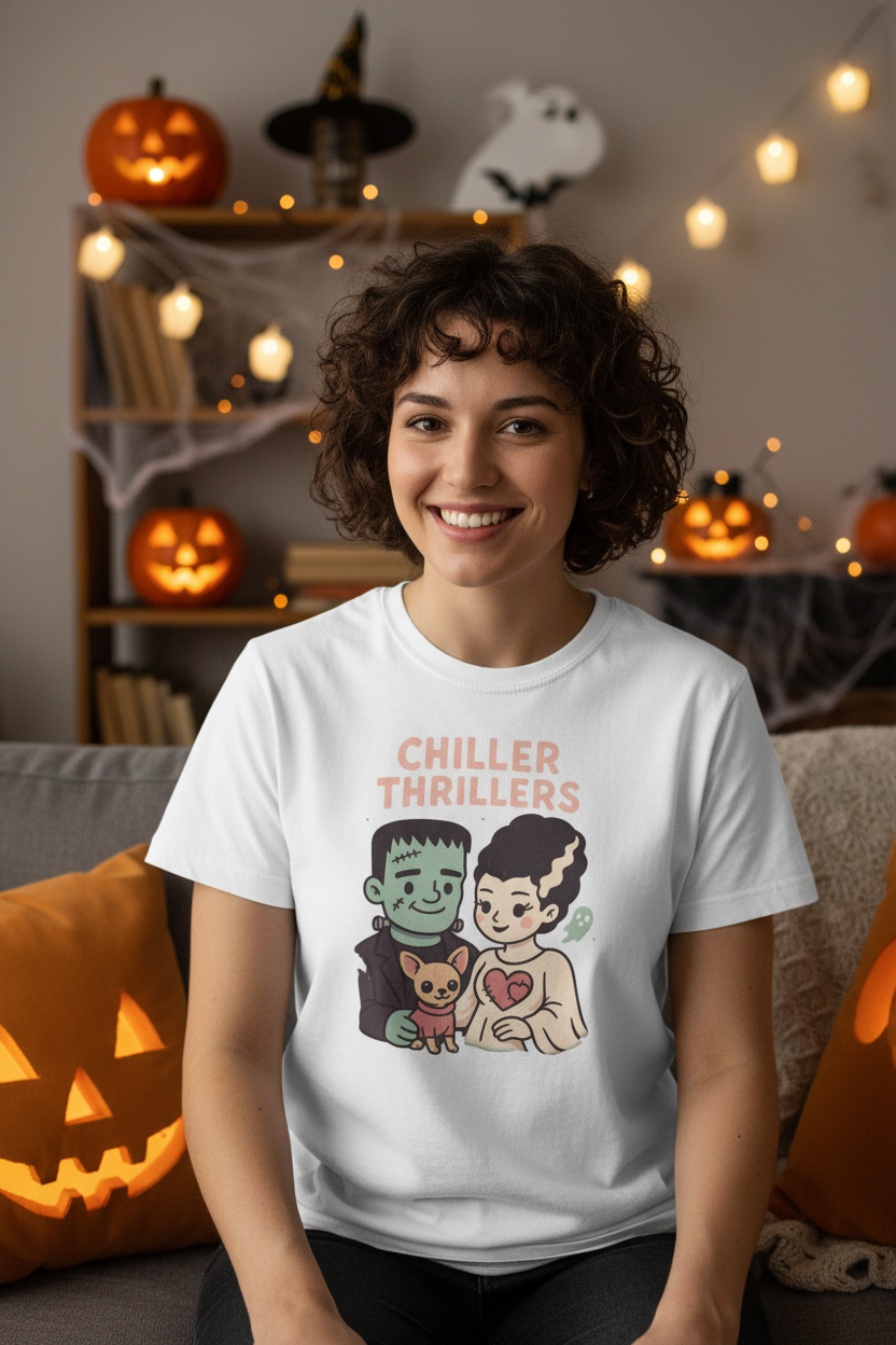 Casual indoor setting with Halloween decorations