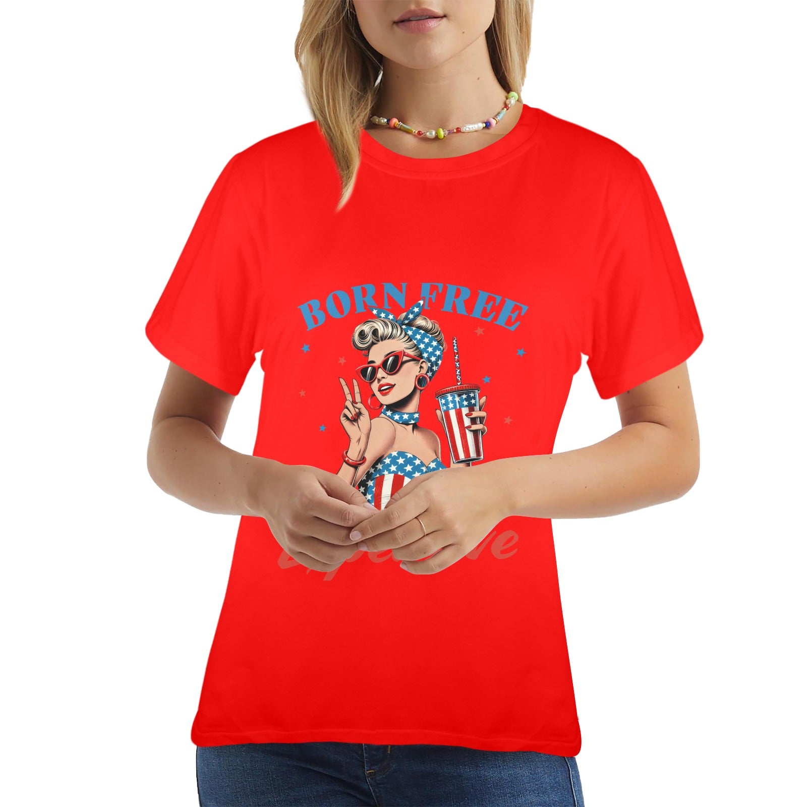 Born Free But Now I'm Expensive  Patriotic Pin-Up Graphic T-Shirt ladies