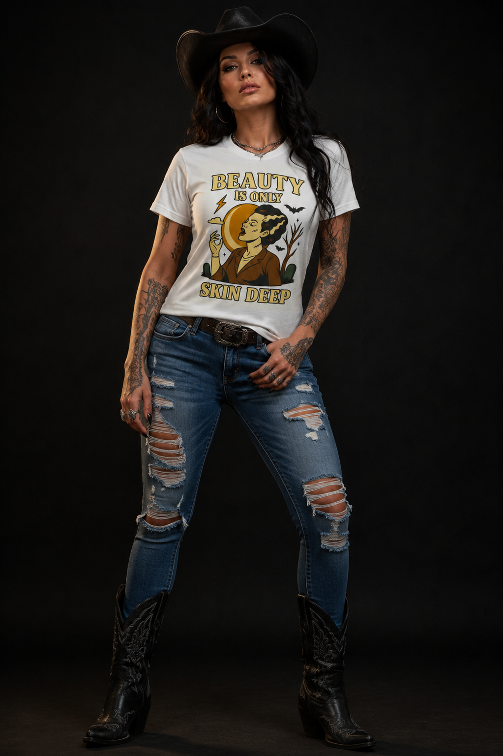 "Beauty Is Only Skin Deep" Bride of Frankenstein T-Shirt — Vintage Retro Horror Bride Moon Bats Lightning Halloween Spooky Tee | Wolf Hill Designs