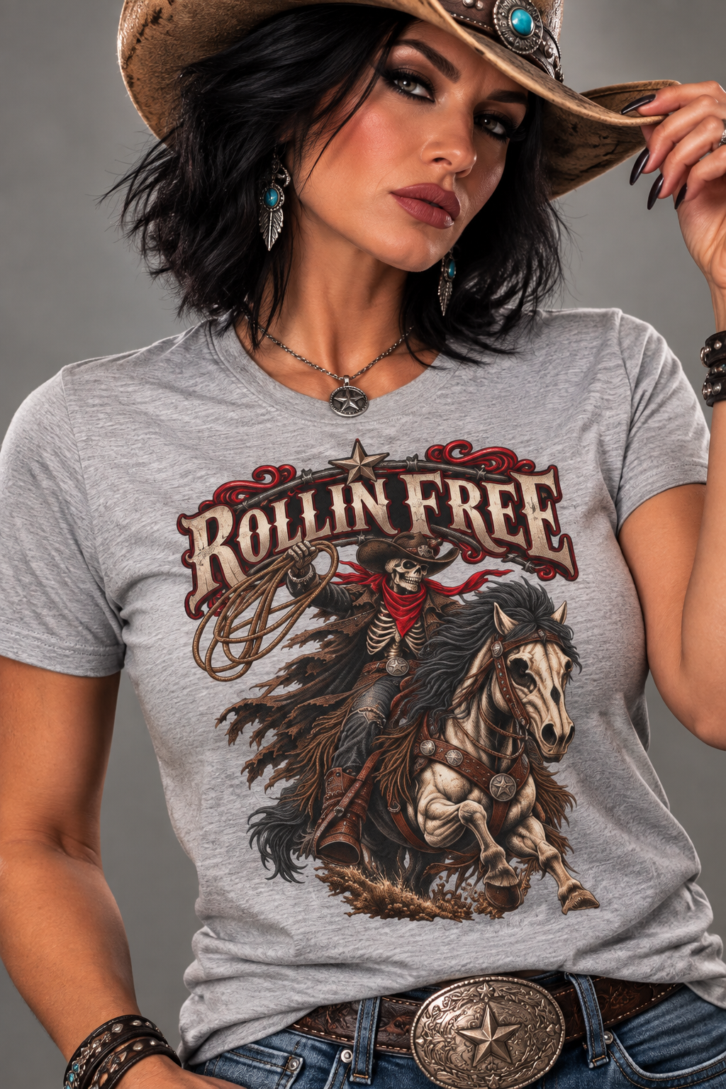 Rollin' Free Skeleton Cowboy Tee — Unisex Western Graphic T-Shirt