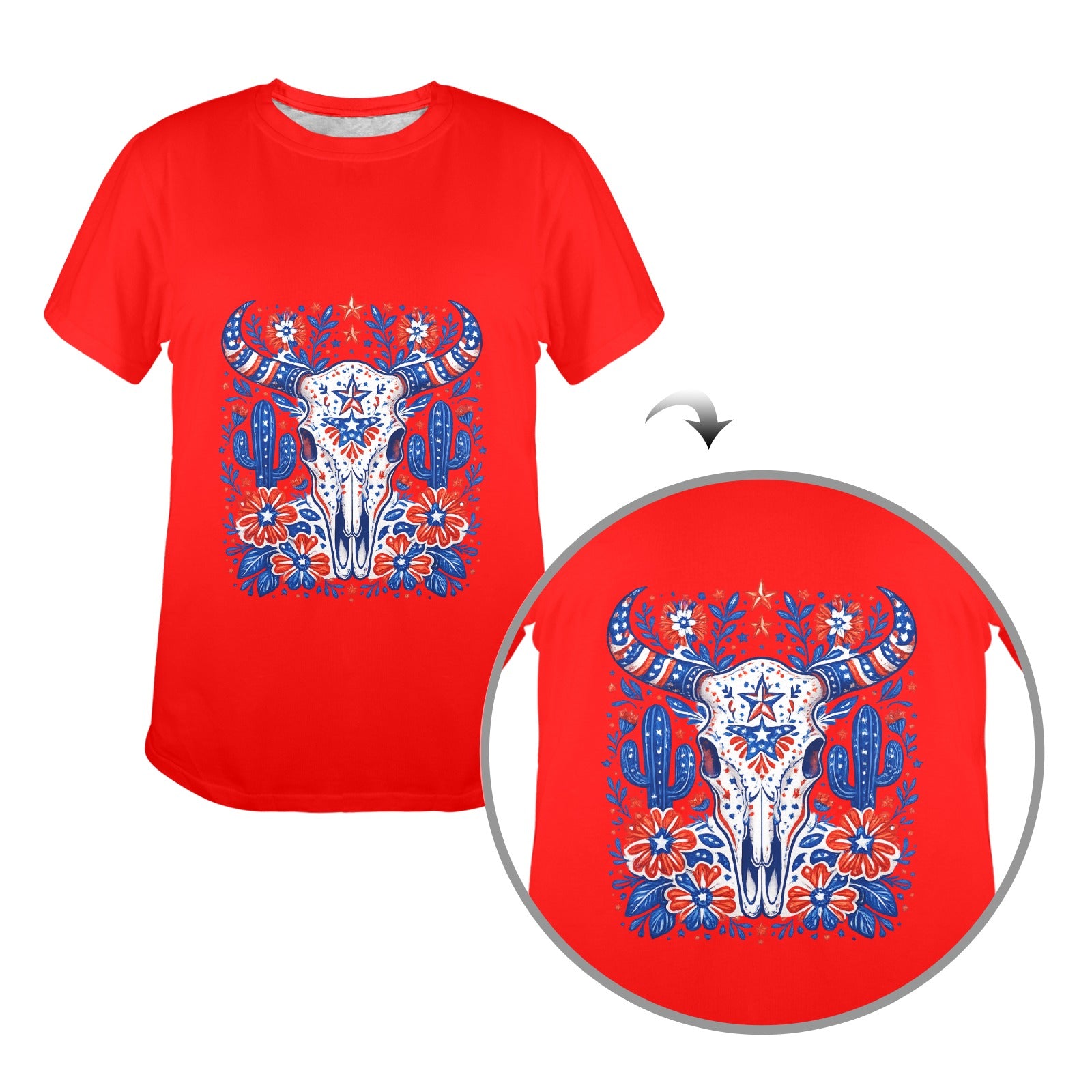 Patriotic Bull Skull T-Shirt — Western Folk Art Floral Longhorn Tee