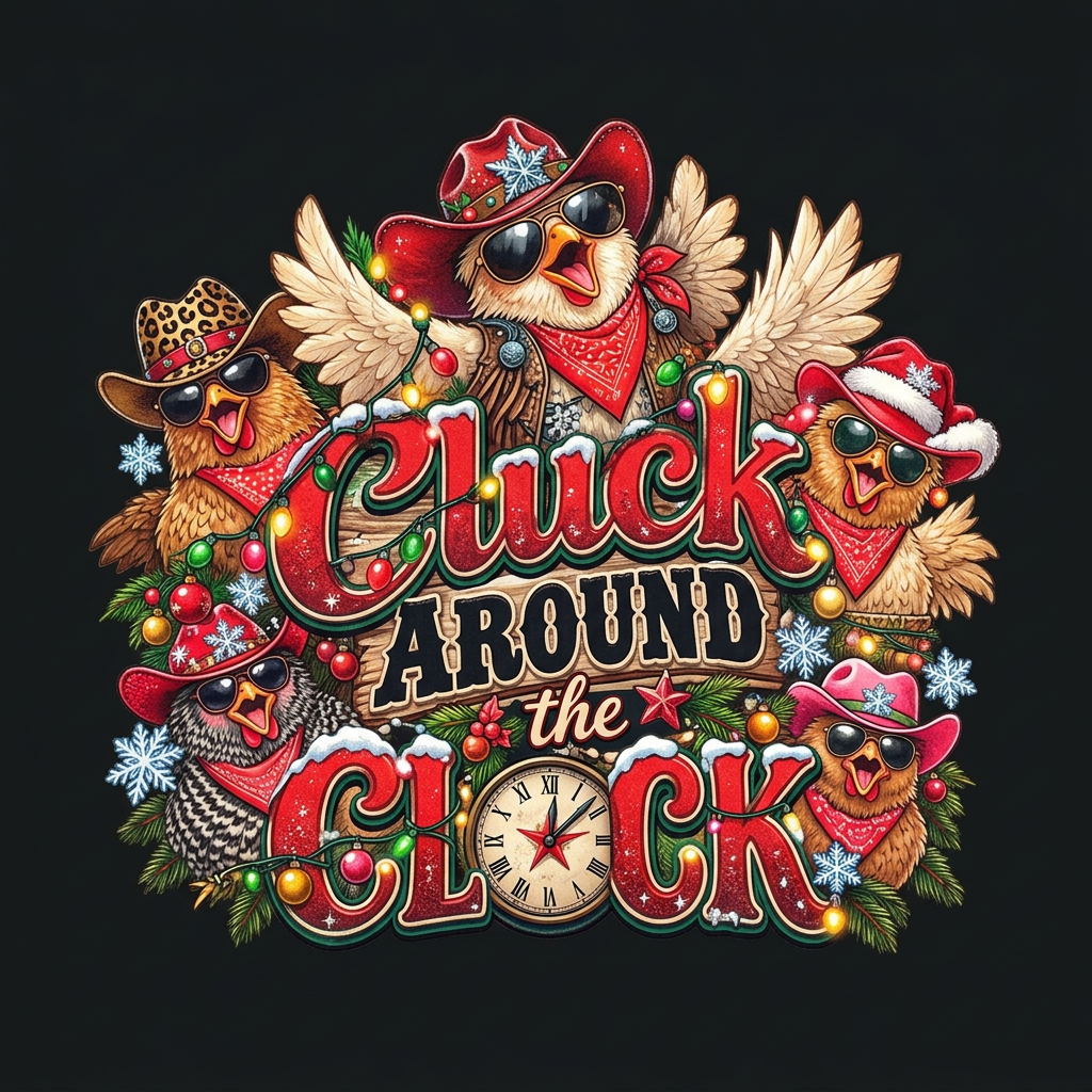 Centered Cluck Around the Clock artwork only, without a woman or shirt