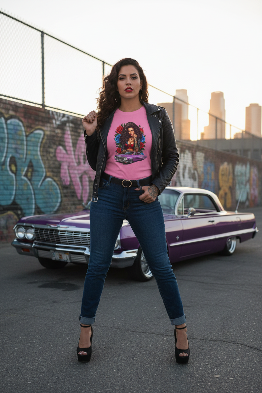 Chicana woman wearing azalea lowrider pinup tee