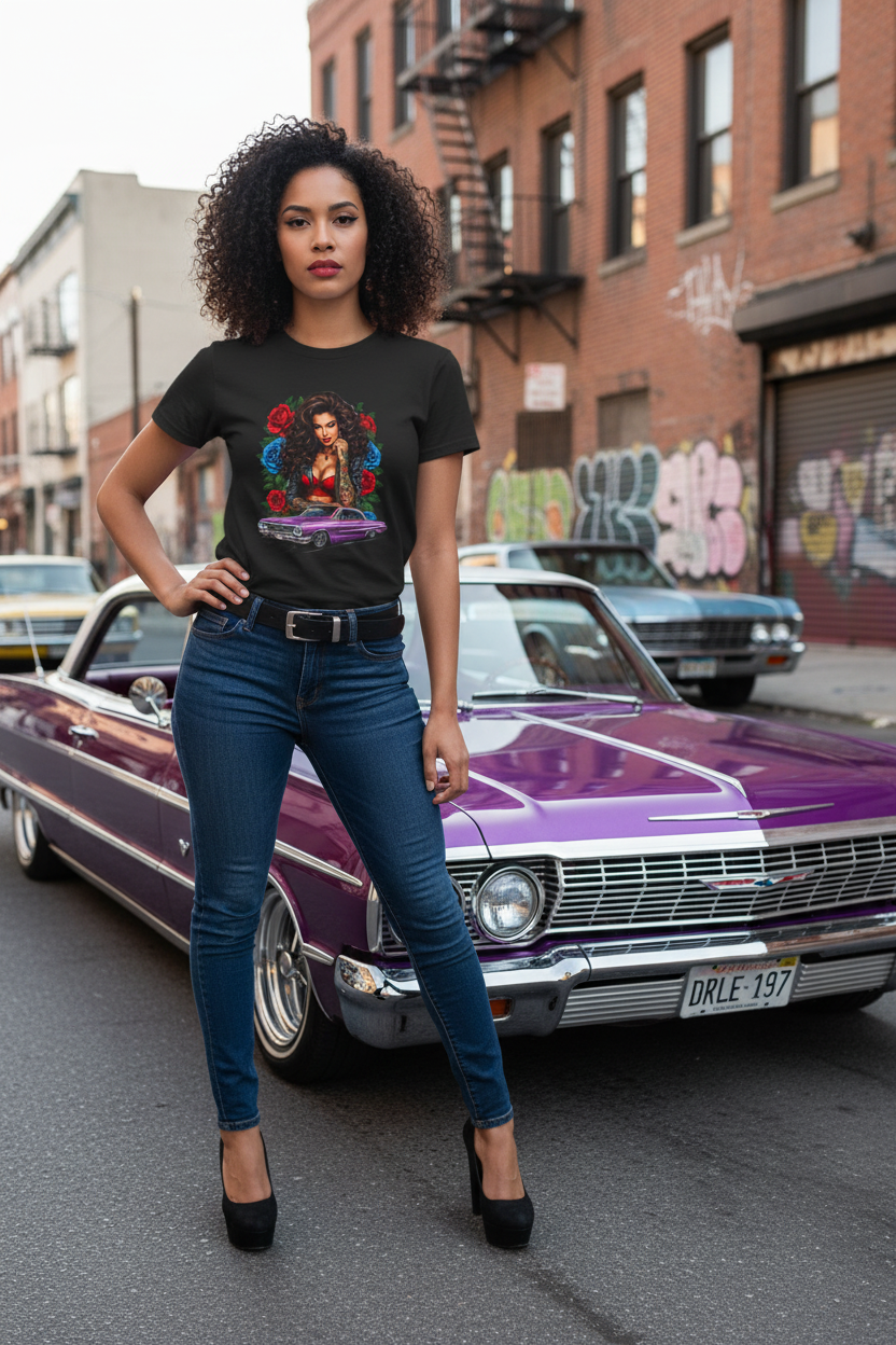 Chicana woman wearing black lowrider pinup tee