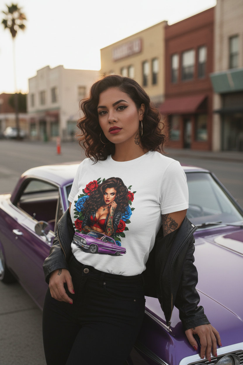 Chicana woman wearing white lowrider pinup tee