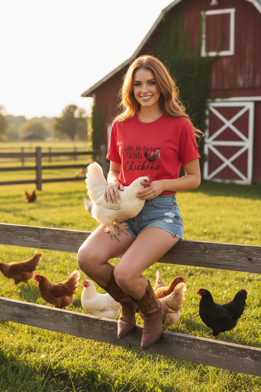 Chickens Tee - Red - Fence Pose