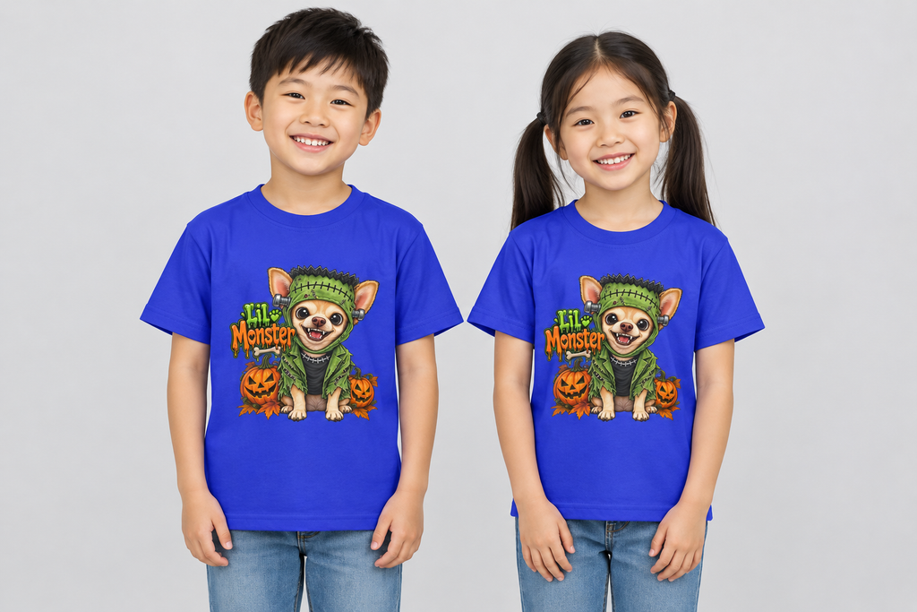 Chinese boy and girl wearing the blue Coco Lil Monster Halloween kids’ tee