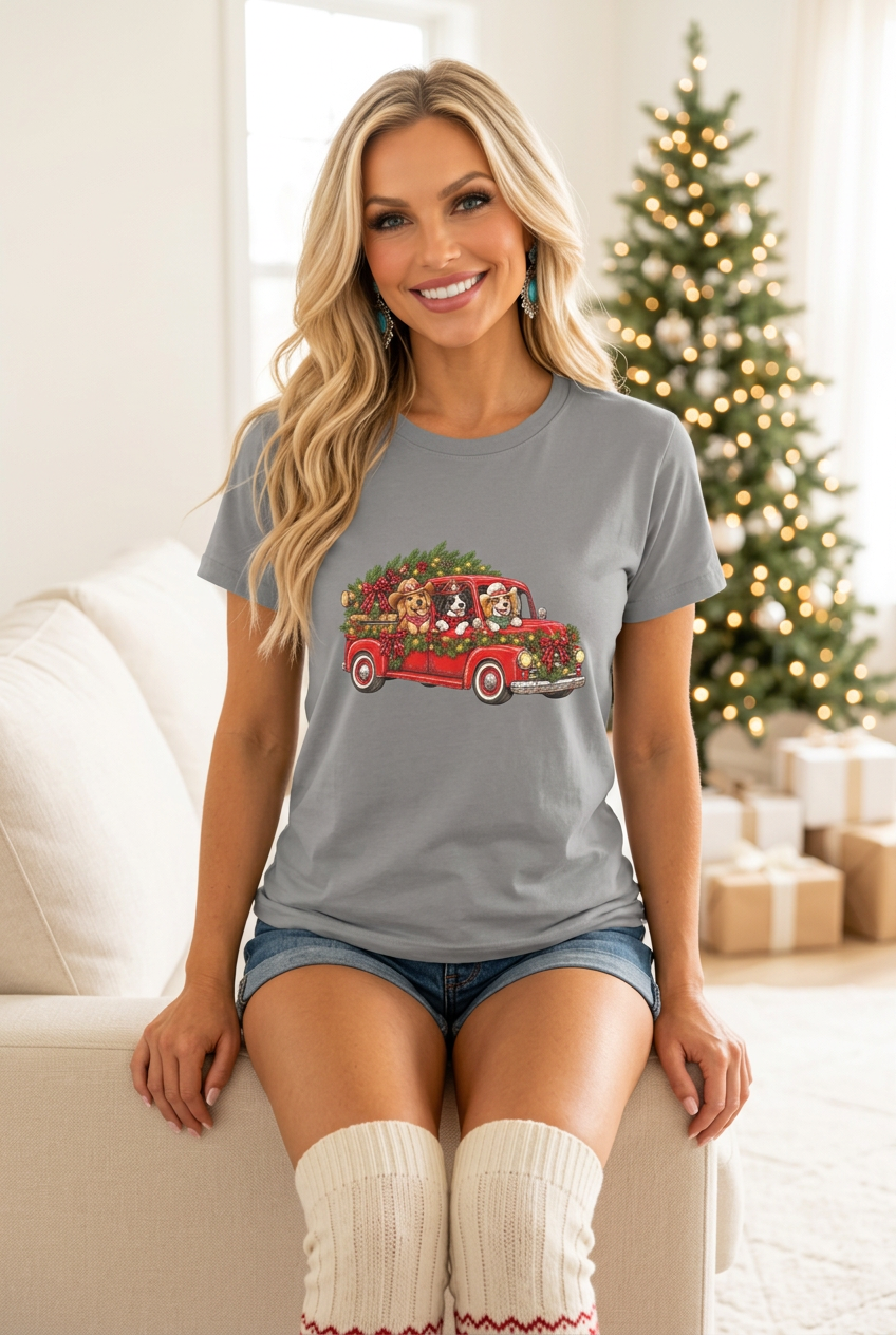 Christmas-morning mockup with your cowgirl in the gray tee and cozy knee-high socks