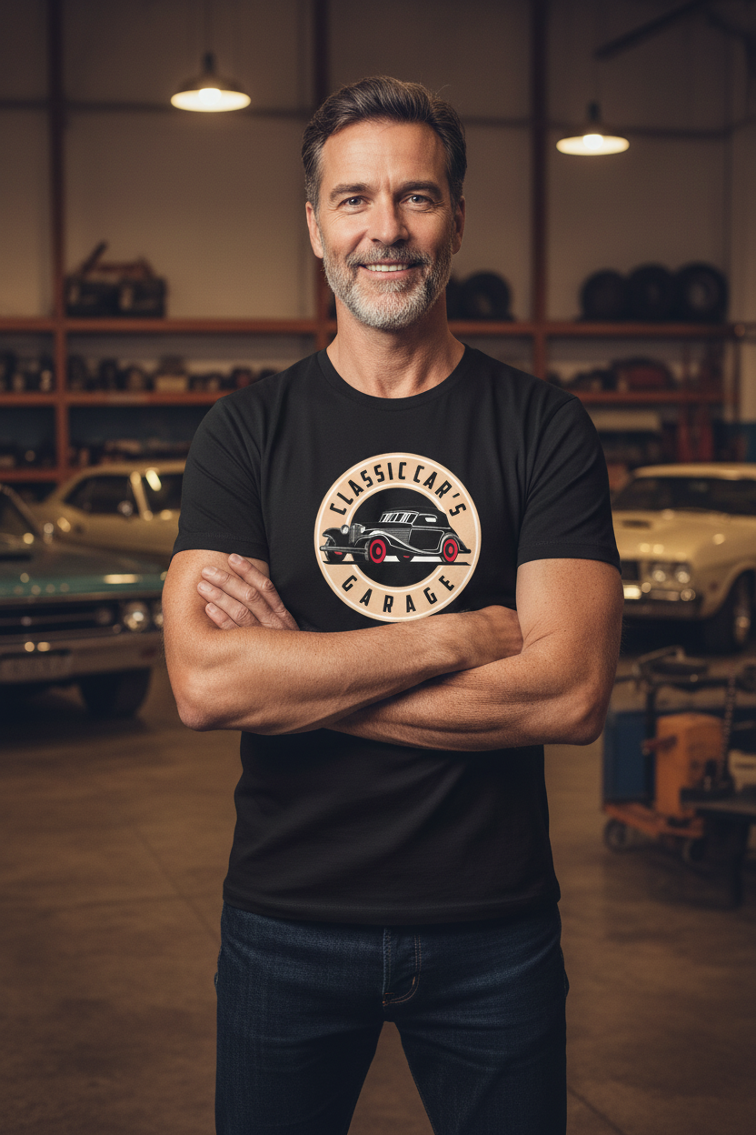 Classic Car's Garage - Black Shirt Garage Mockup