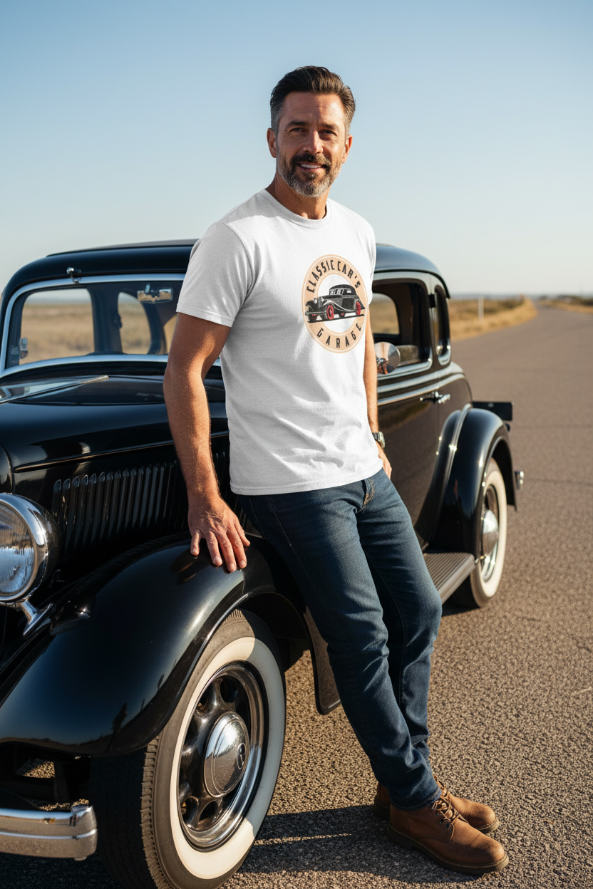 Classic Car's Garage - White Shirt Hot Rod Mockup
