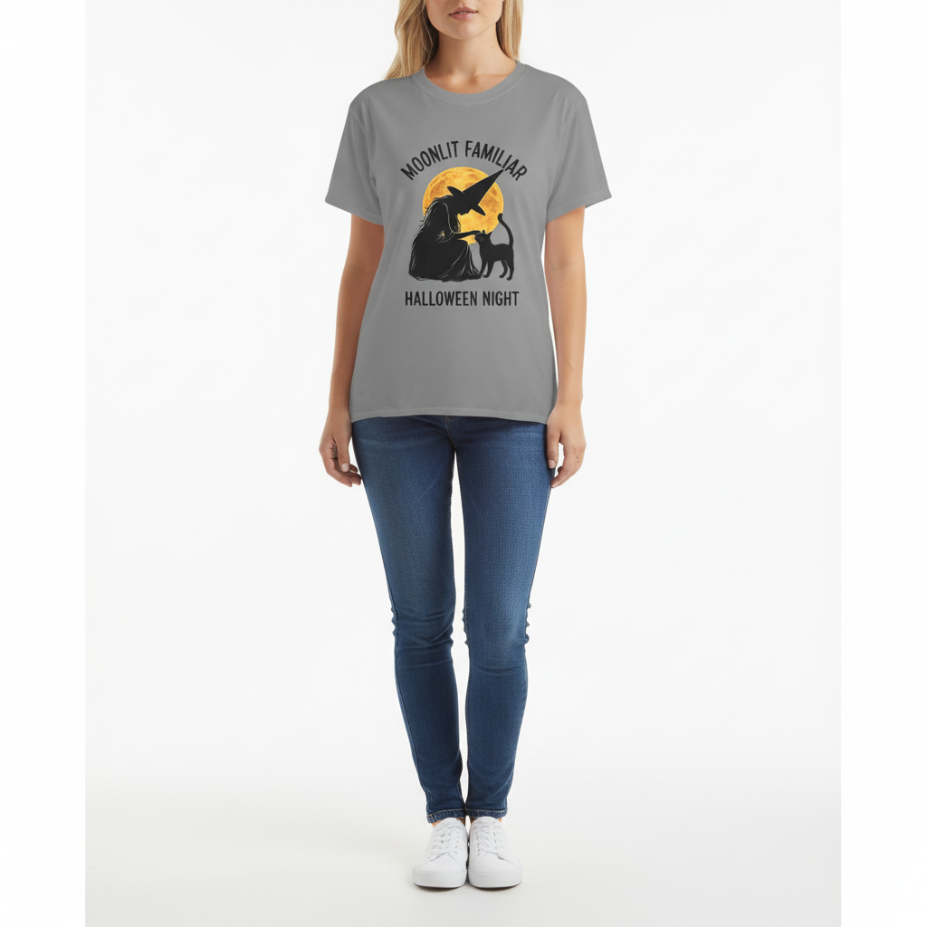 Clean basic model mockup for the Moonlit Familiar women’s tee